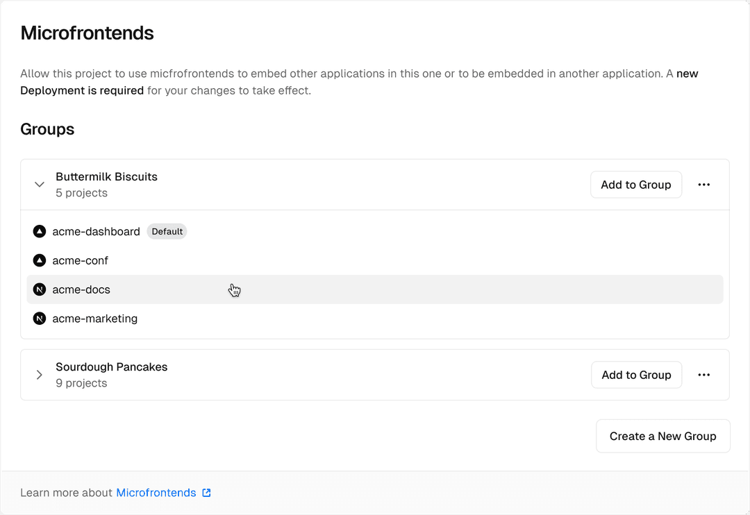 Add the current project to a microfrontends group.