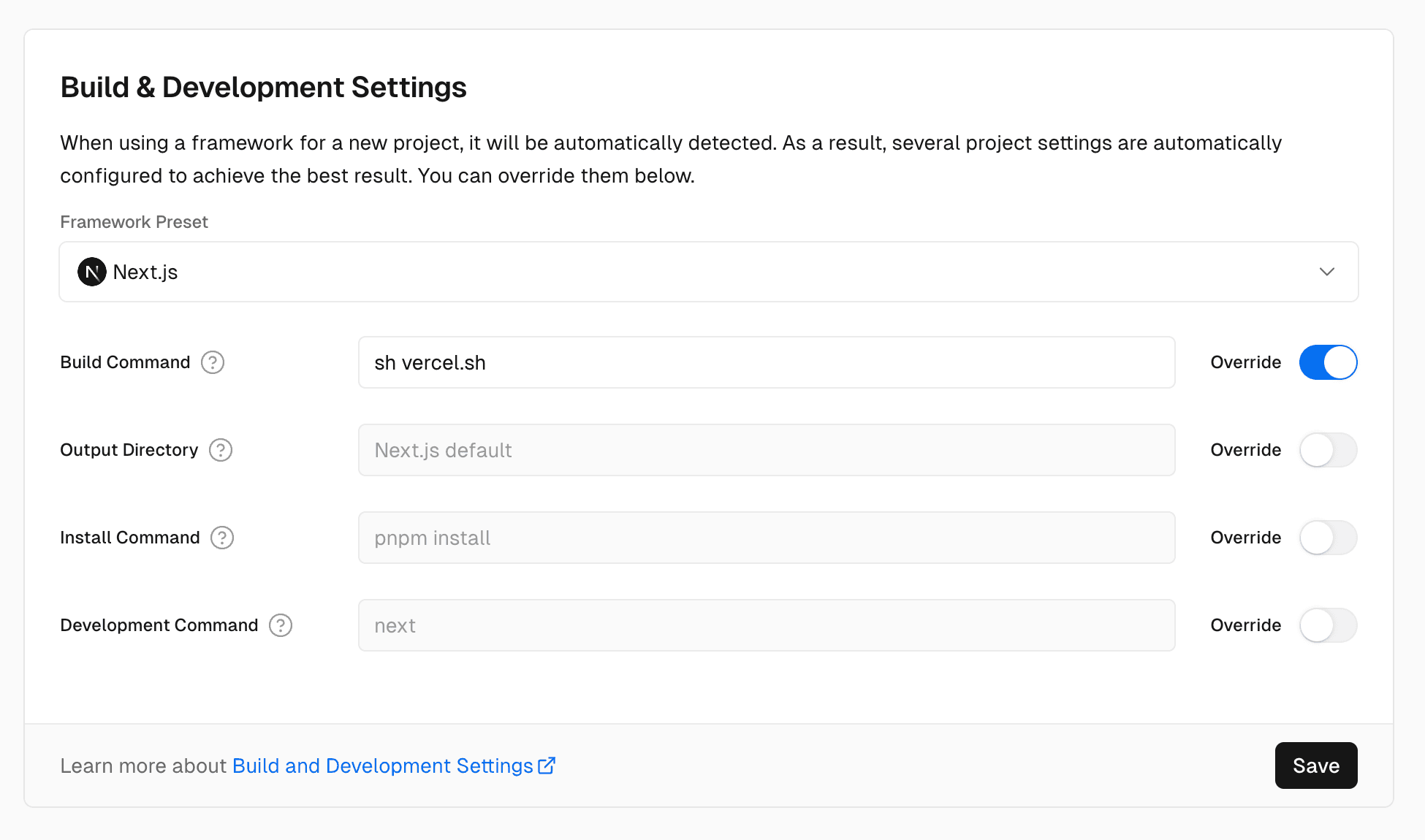 A project using `sh vercel.sh` for its Build Command