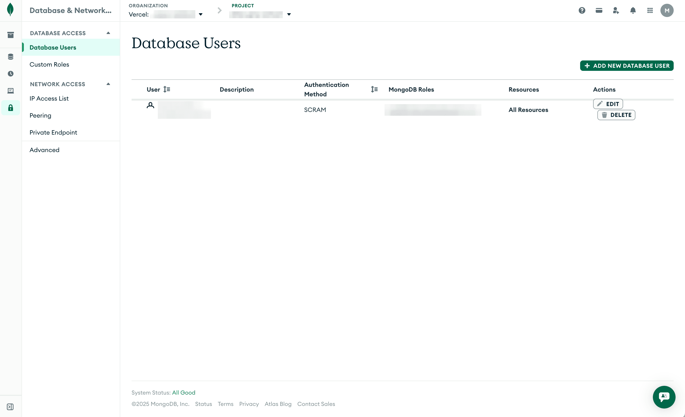 The page showing the MongoDB database users, with edit button. There is a single user in the list.