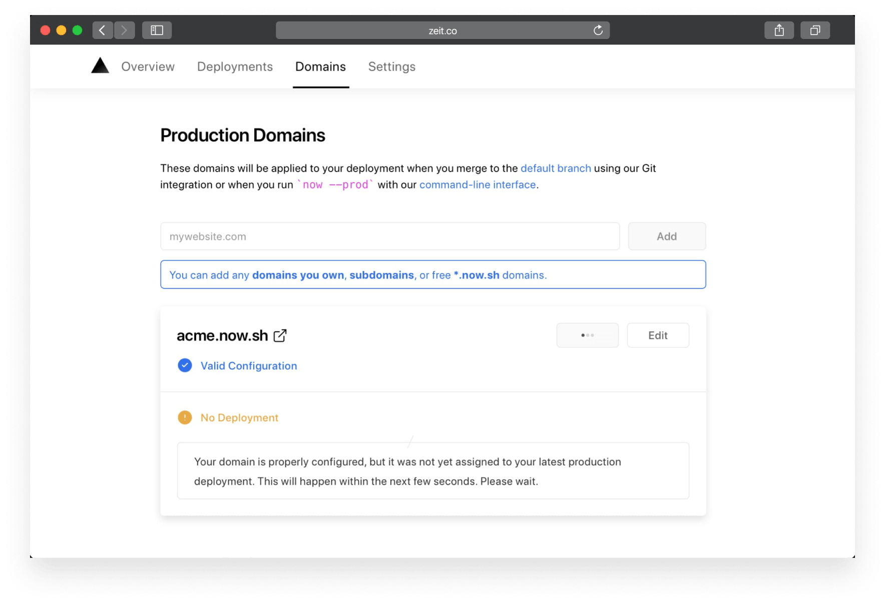 The interface guides you in setting up production domains for your project.
