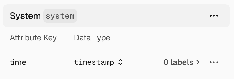 A System entity with a time attribute configured as a timestamp.