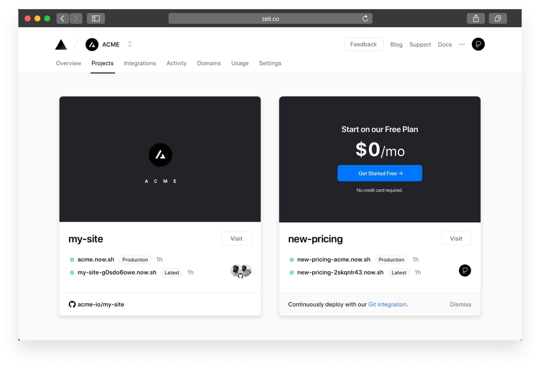 An overview of all your Vercel projects, accompanied with screenshots