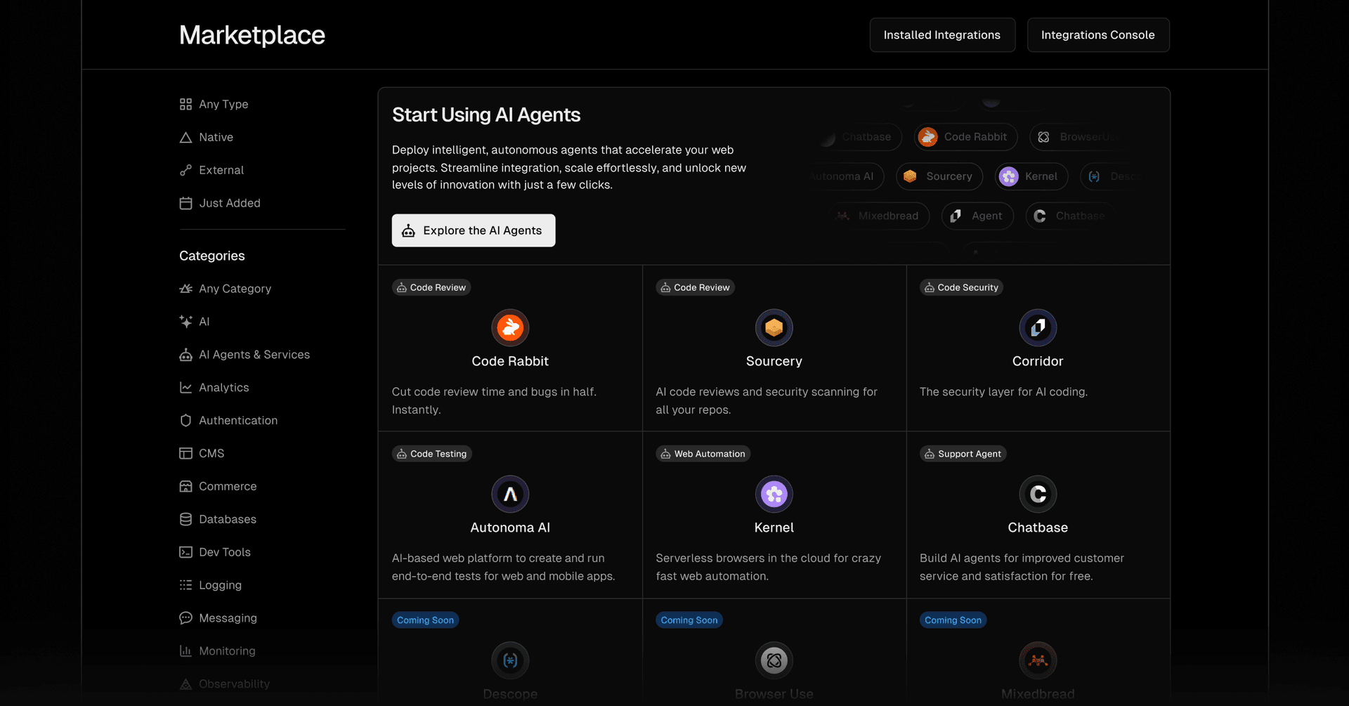 Explore AI Agents and services in the Vercel Marketplace.