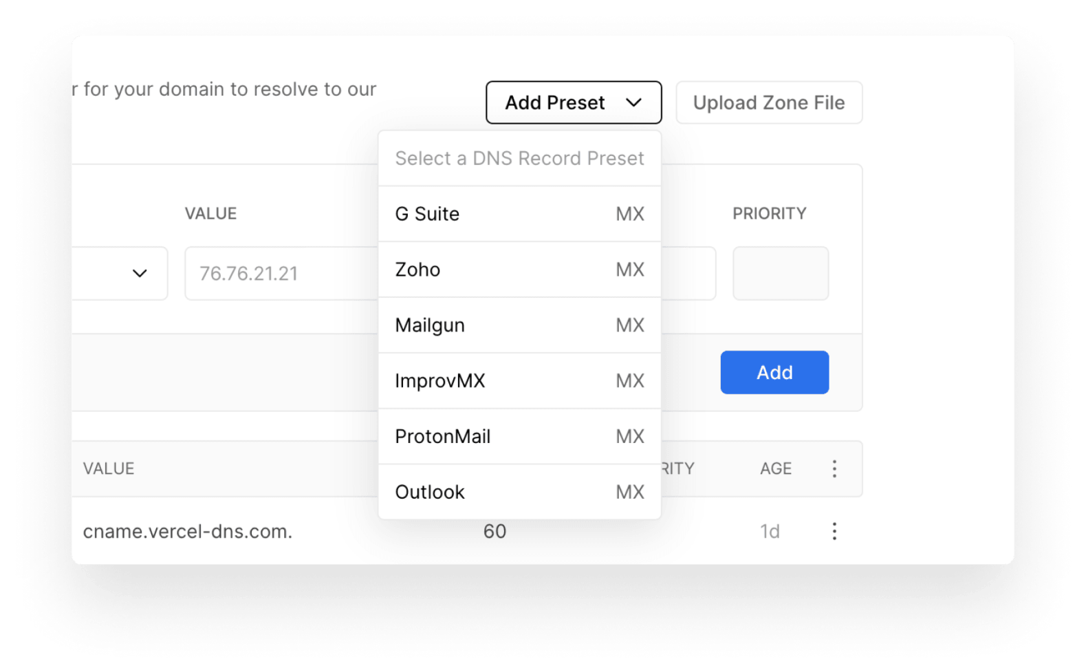 Adding a DNS Record Preset to a Domain.