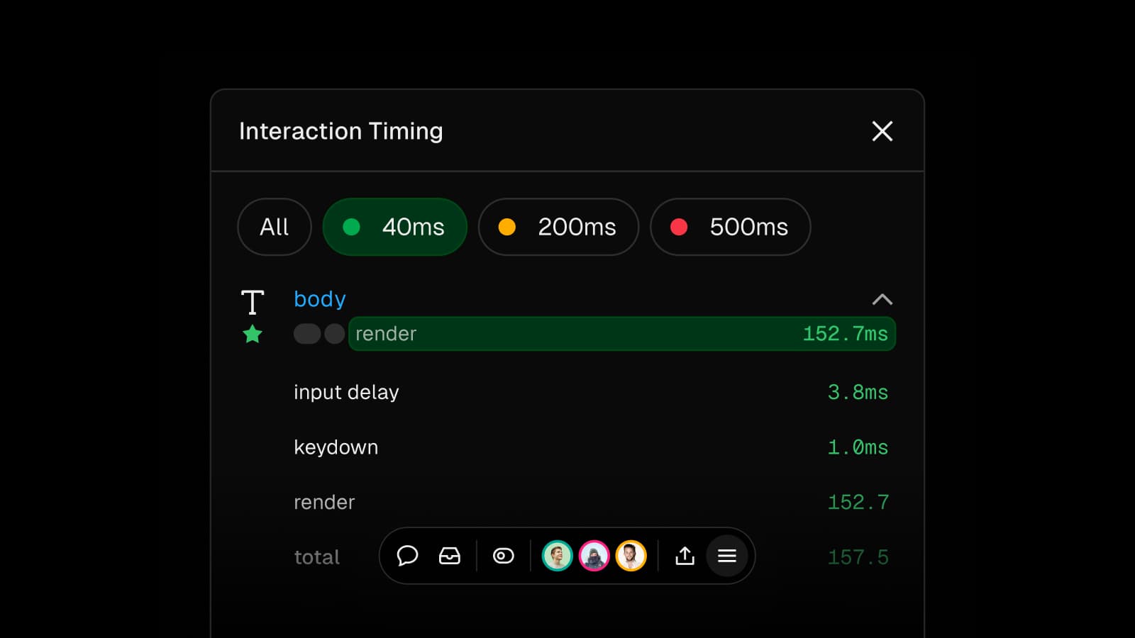 The interaction timing tool allows you to see and optimize your website's responsiveness.
