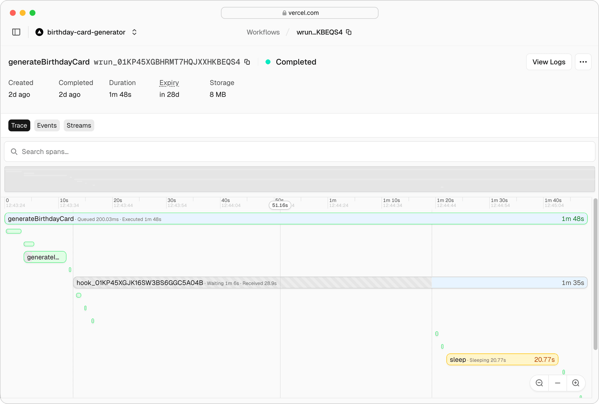 The built in observability dashboard for Workflow SDK on Vercel.