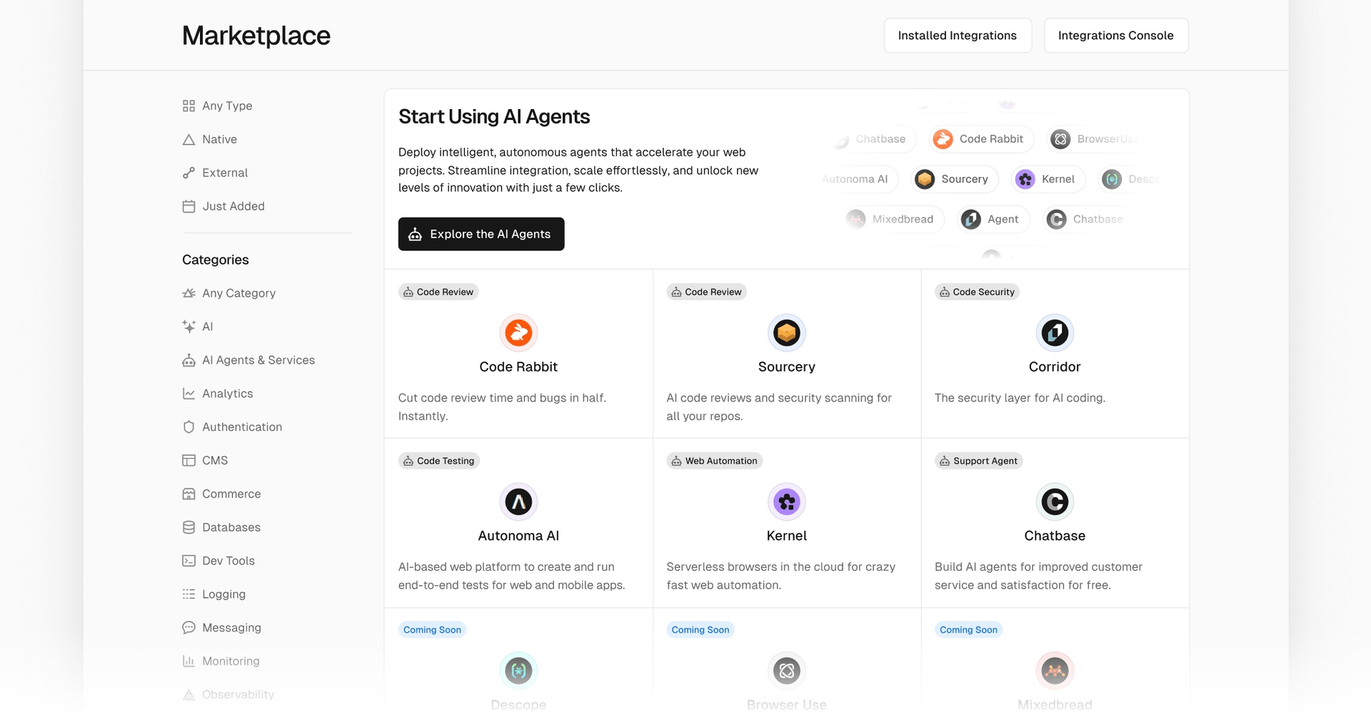 Explore AI Agents and services in the Vercel Marketplace.